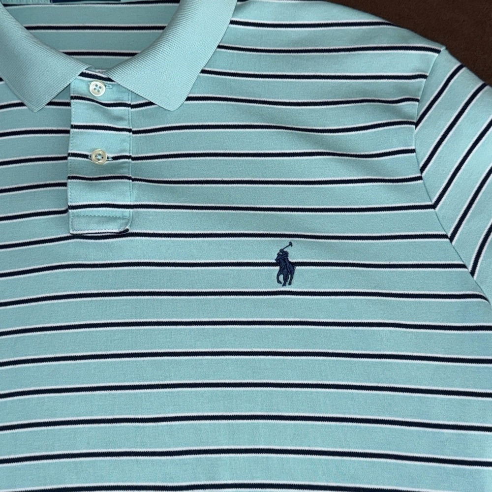 Polo Ralph Lauren Mens‎ Striped Short Sleeve Polo Shirt Aqua Navy XL - Picture 6 of 10